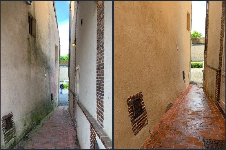 Avant après nettoyage de façade en passage étroit avant hydrofuge incolore