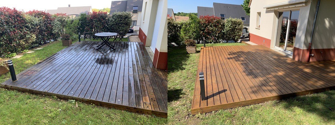 Avant après restauration de terrasse bois avec protection chêne clair