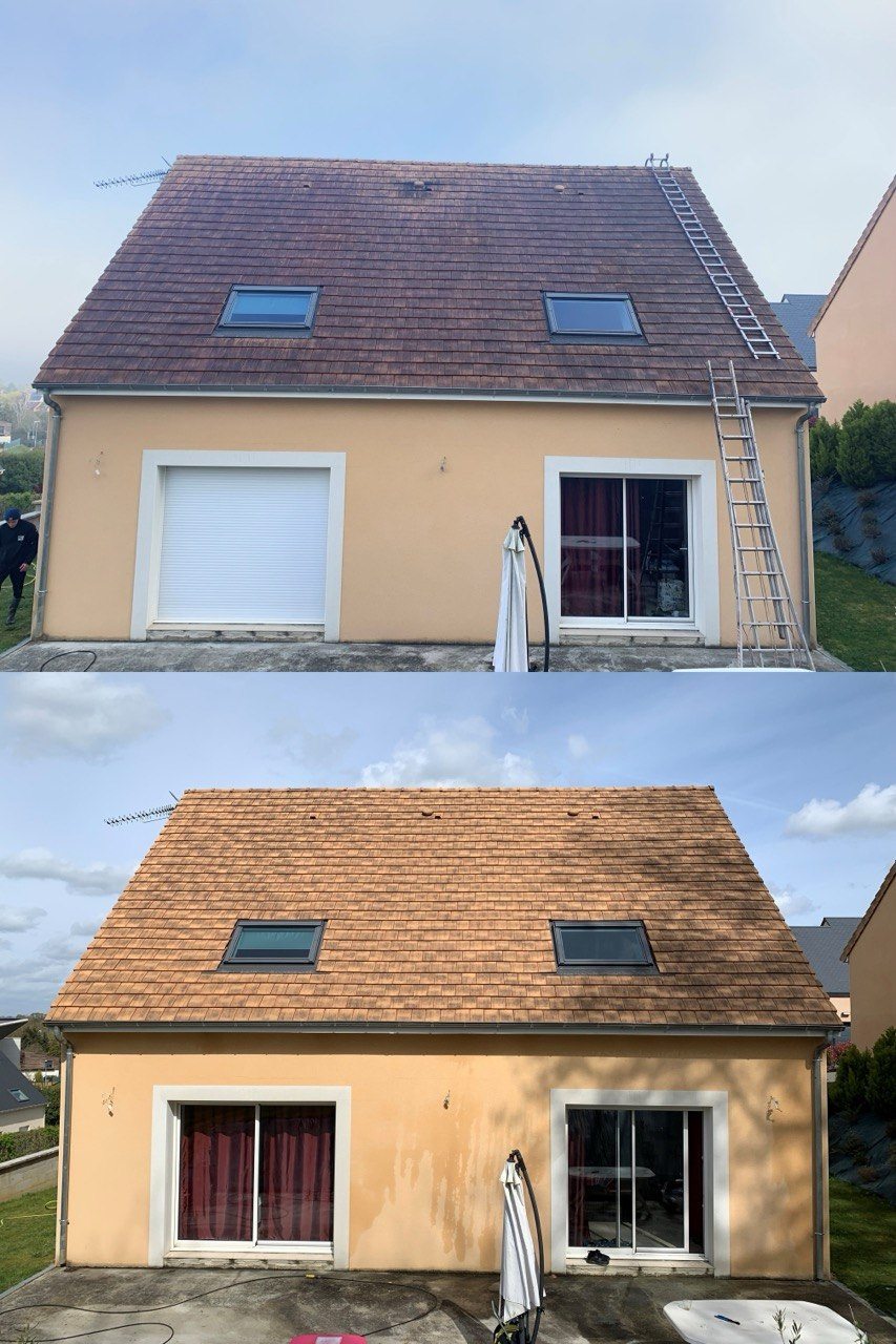 Avant après nettoyage de toiture et traitement hydrofuge
