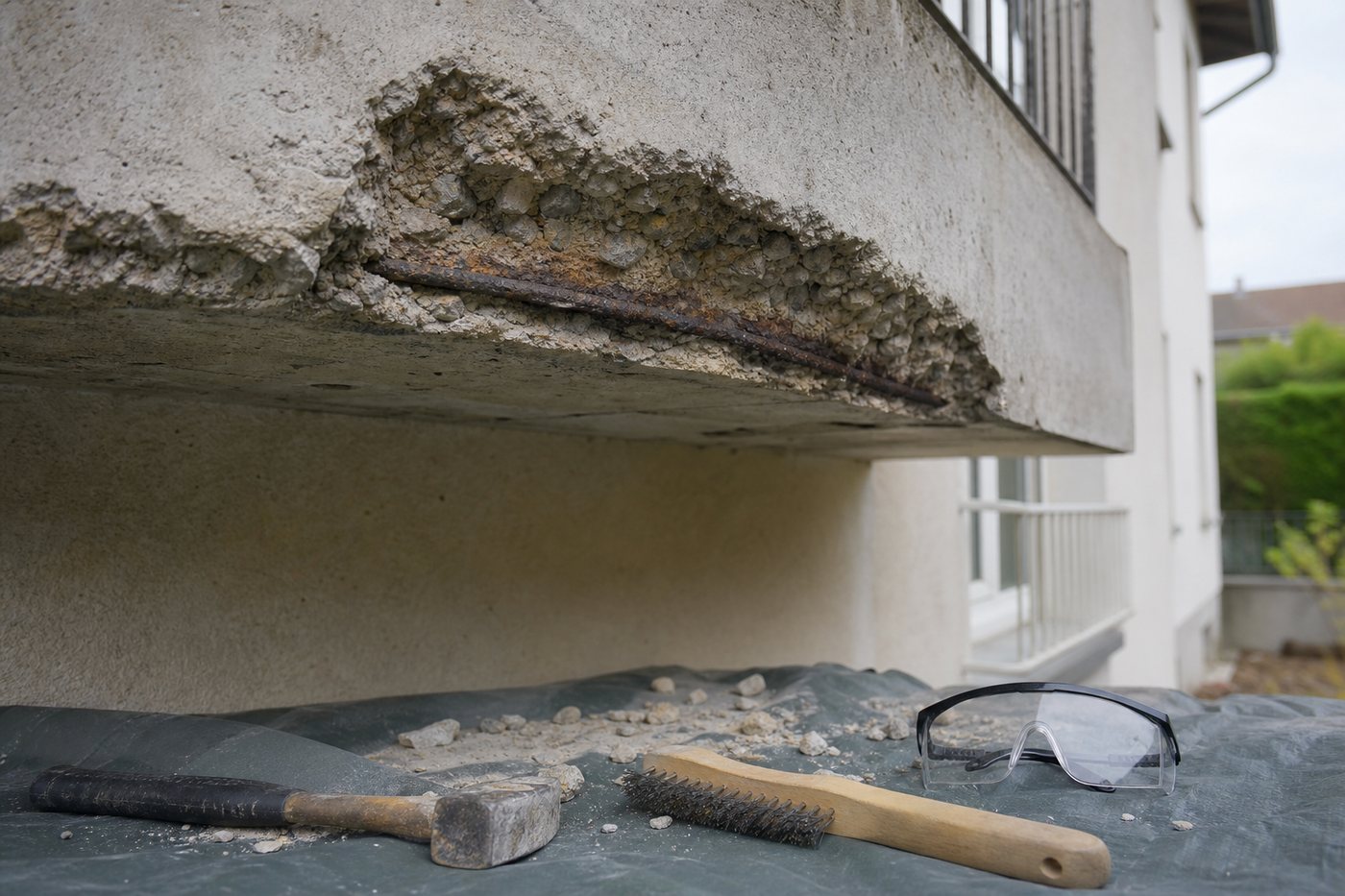 Béton de balcon qui s'effrite : le fer apparent à traiter