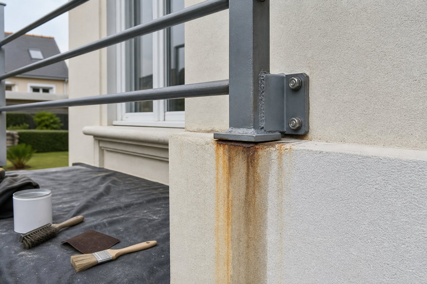 Coulures de rouille sous un garde-corps