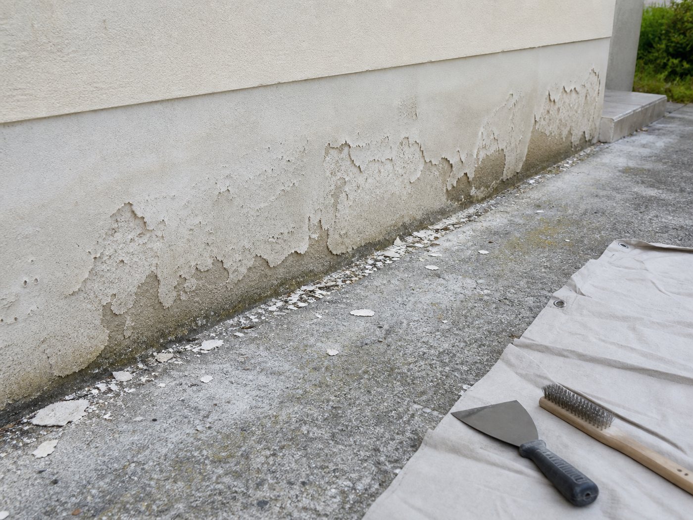 Façade qui s'effrite en bas du mur