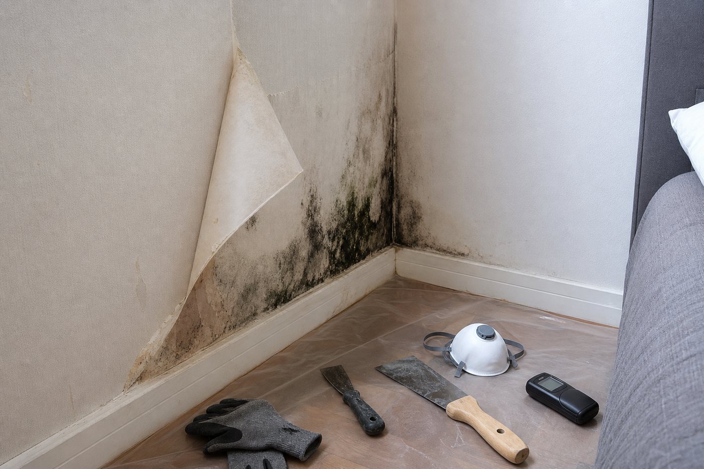 Moisissure derrière le papier peint d'une chambre