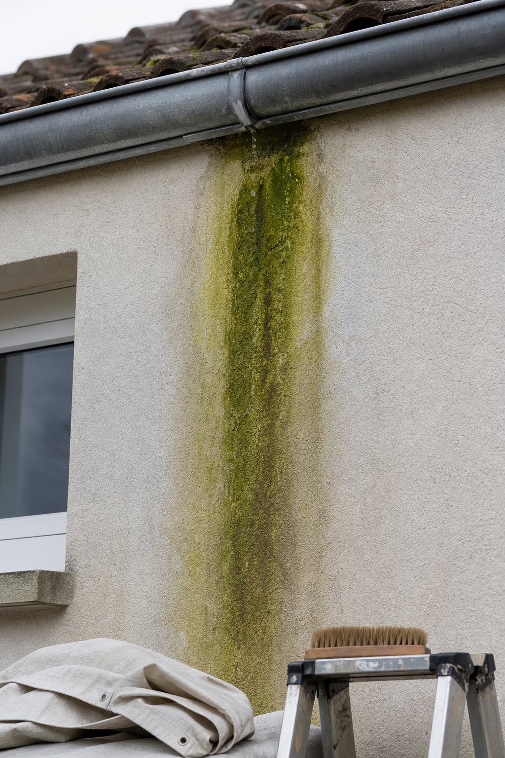 Mur vert sous la gouttière
