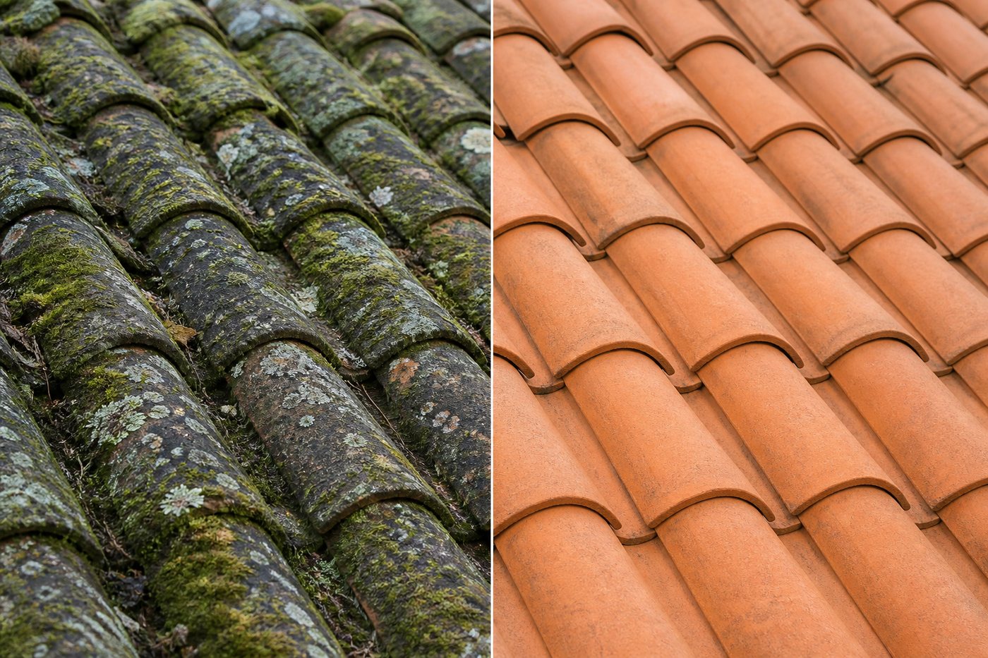 Illustration : tuiles avant et après démoussage, vue rapprochée