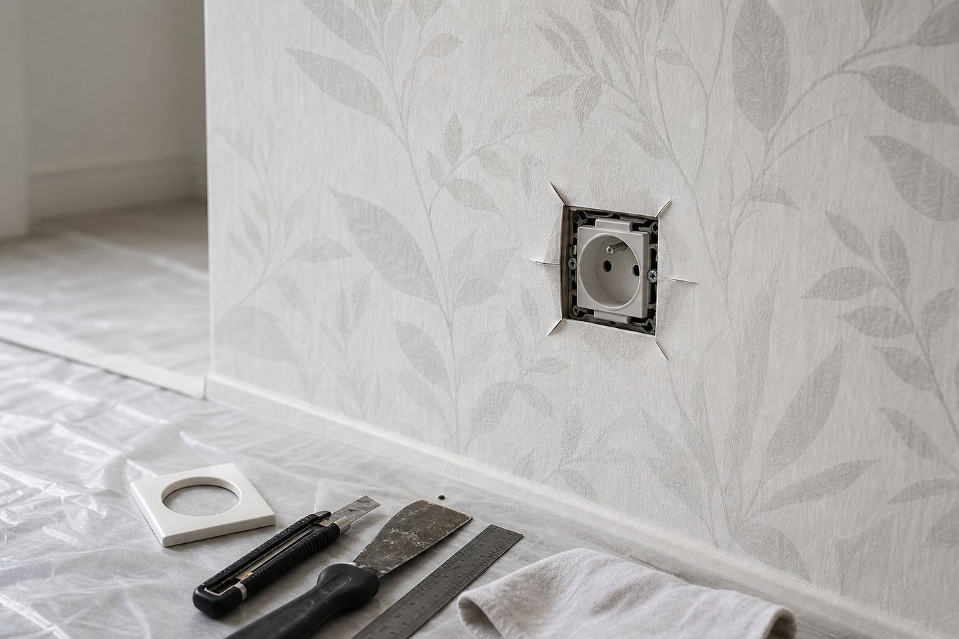 Papier peint autour d'une prise électrique : découpe nette