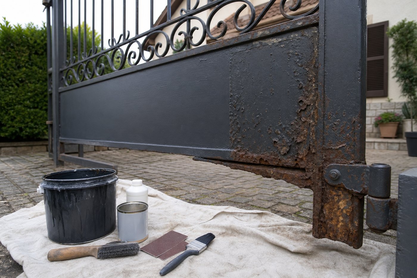 Peinture fer 3 en 1 sur portail rouillé
