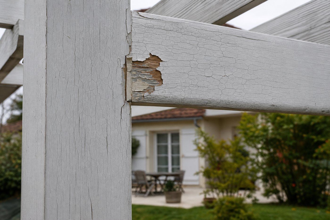 Peinture qui craquelle sur une pergola en bois