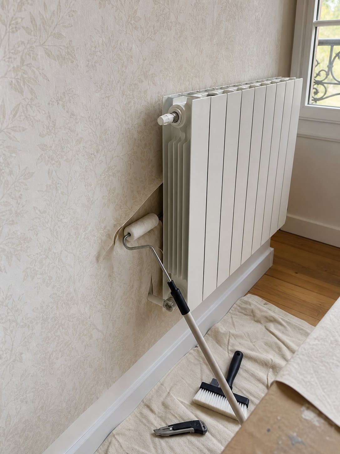 Poser du papier peint derrière un radiateur sans dépose