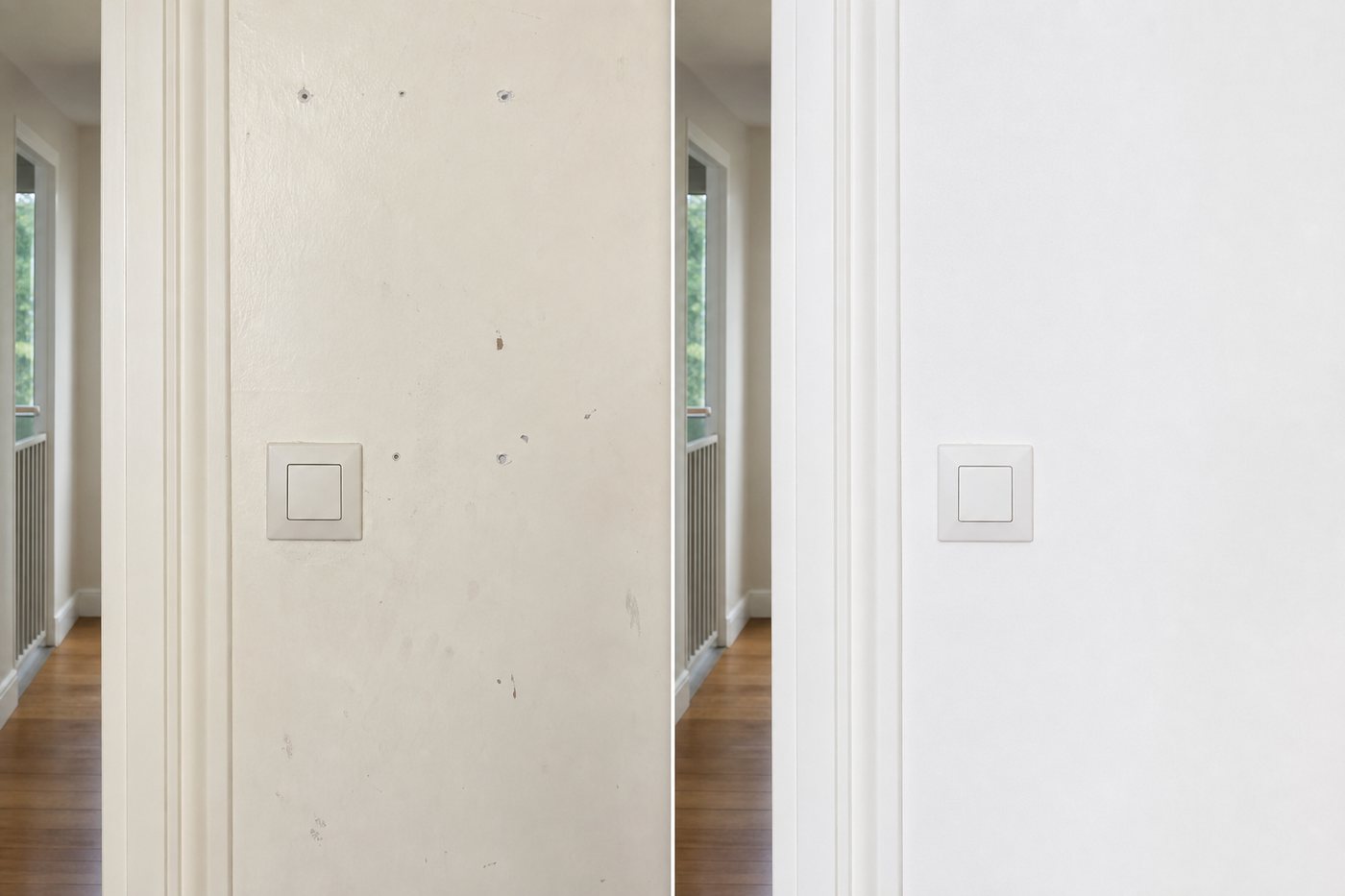 Illustration : mur de couloir avant et après préparation et remise en peinture