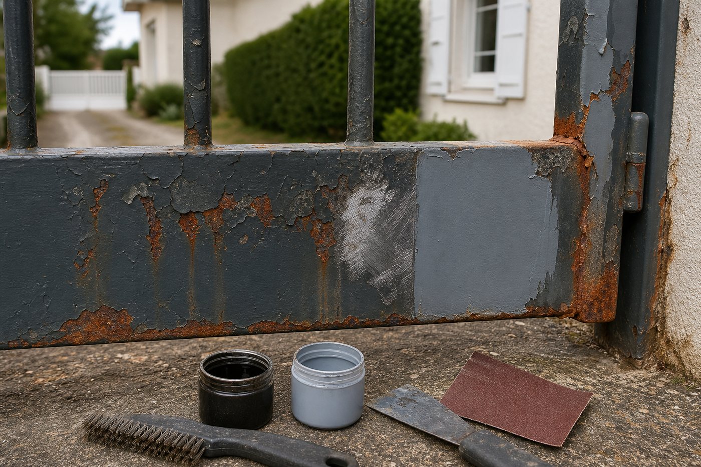 Rouille qui traverse la peinture d'un portail