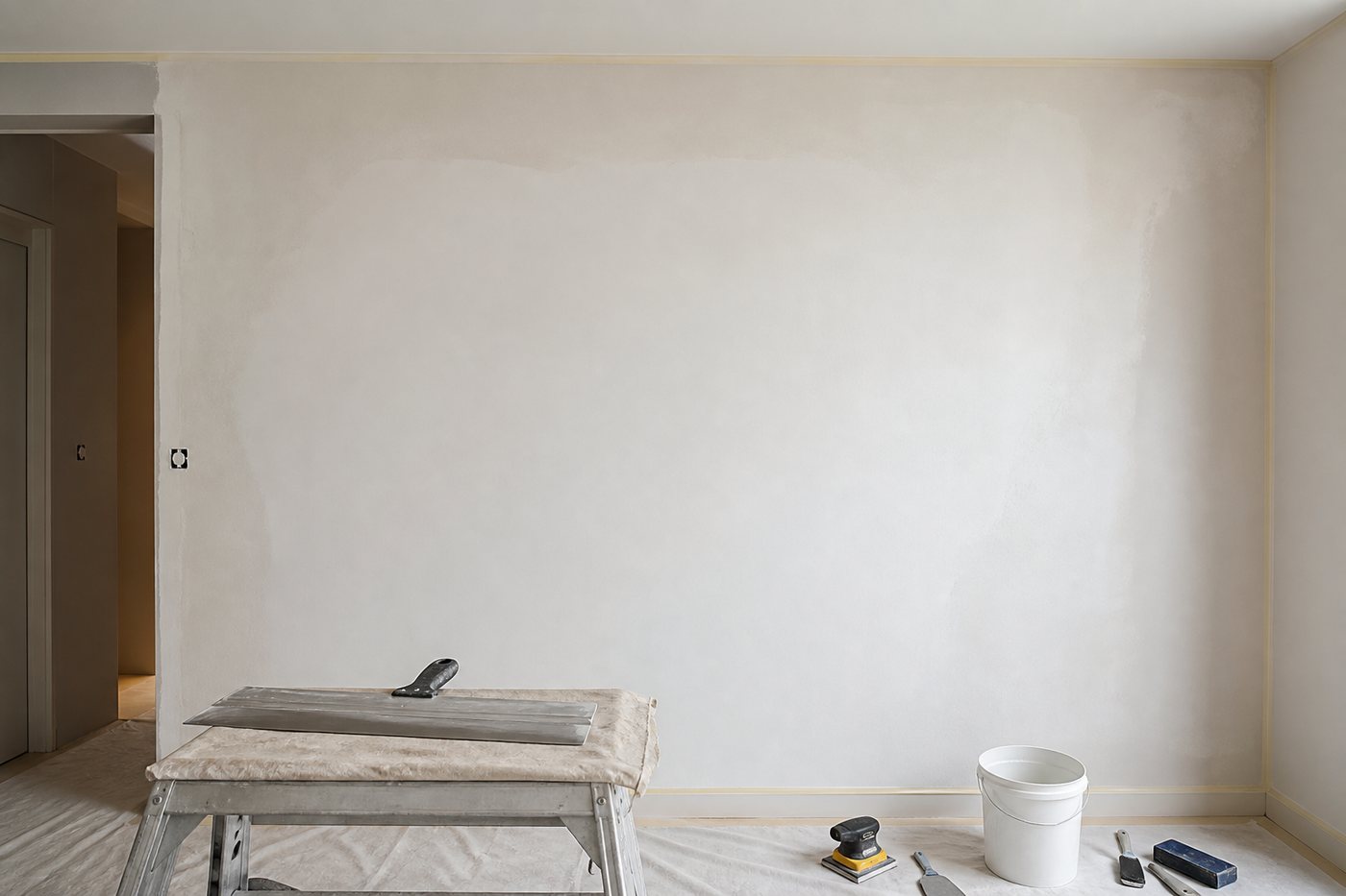 Toile de verre ou enduit de lissage sur un mur abîmé