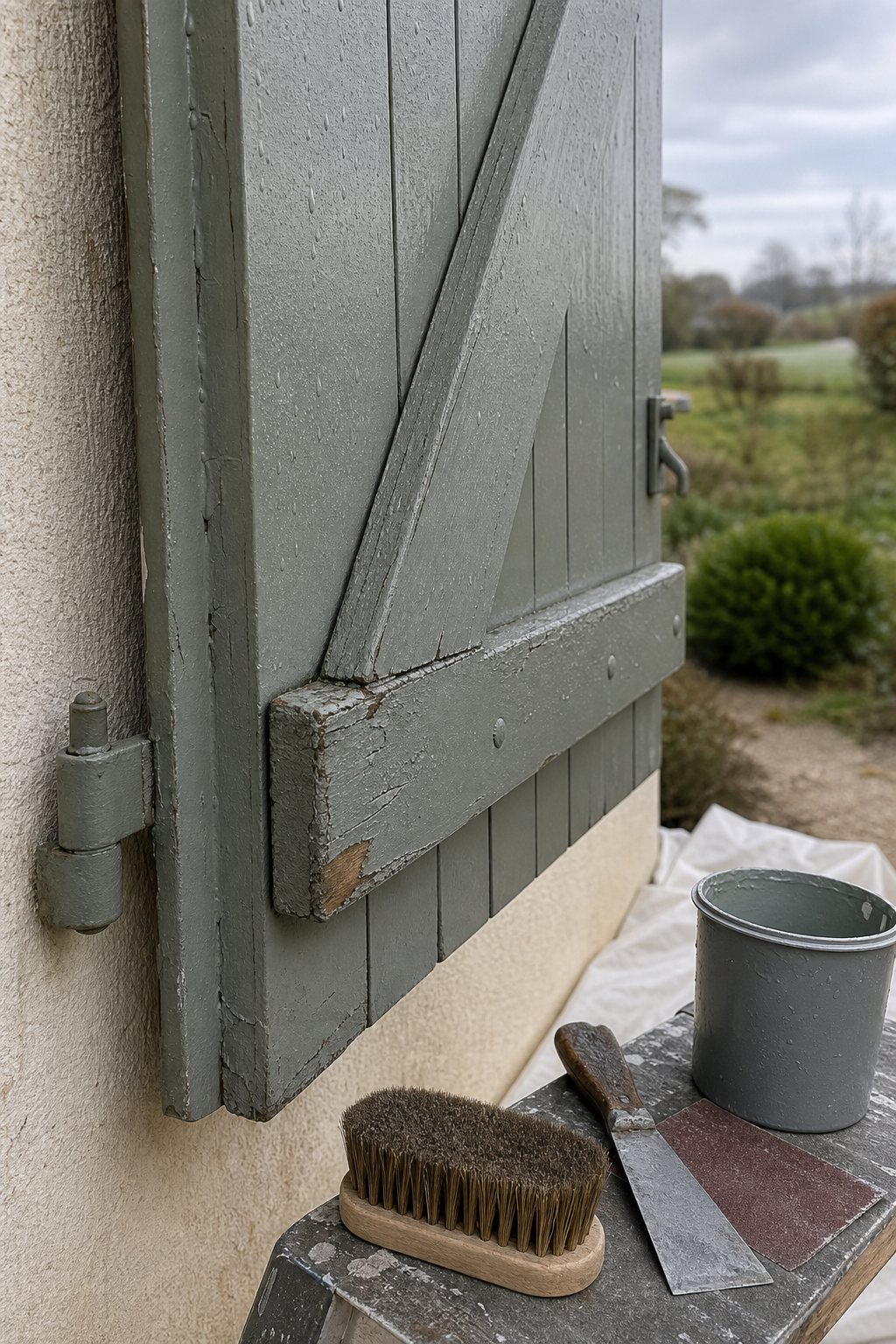 Volets exposés aux pluies d'ouest en Sarthe