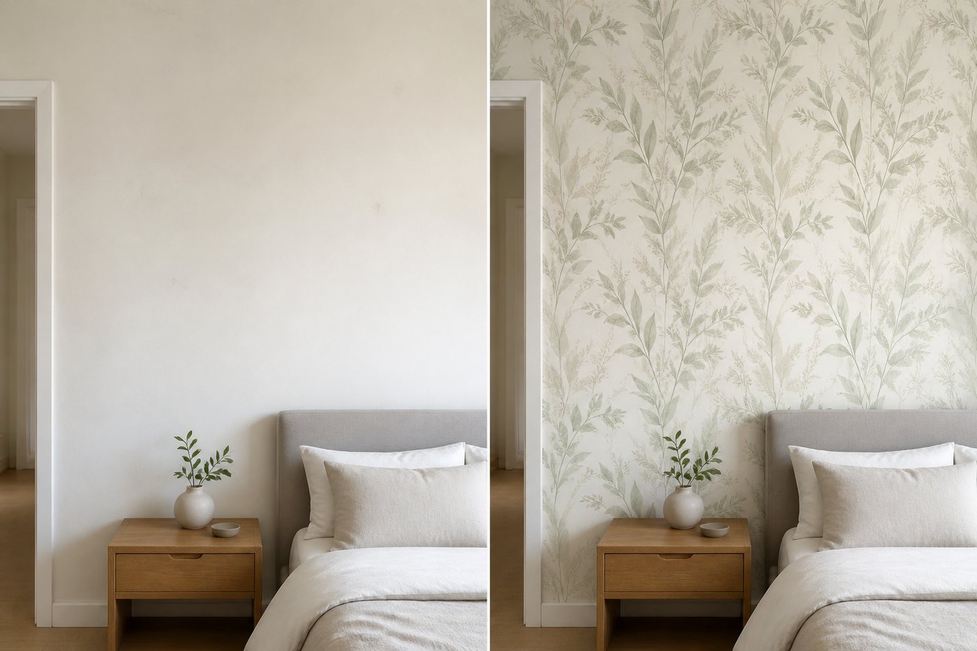 Mur avant et après pose d'un papier peint intissé