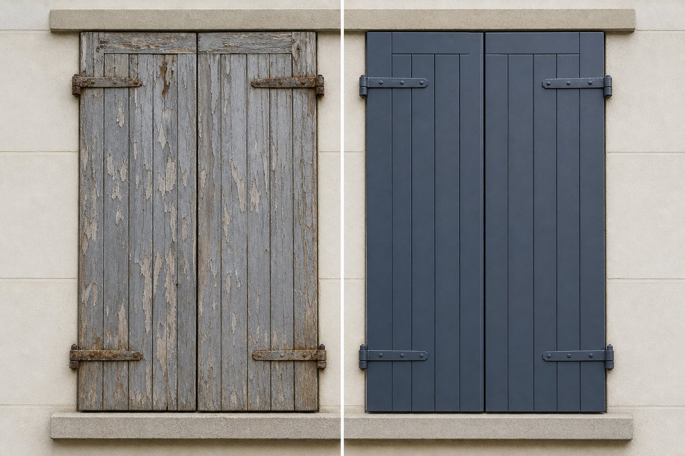 Volets en bois avant et après remise en peinture